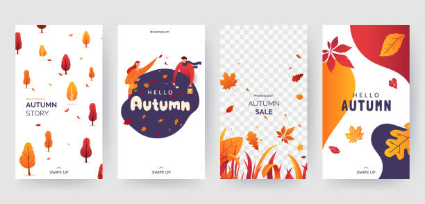 ilustrações de stock, clip art, desenhos animados e ícones de set of autumn social media stories template. colorful banners with autumn illustrations. background collection with place for text. concept for event invitation, promotion, advertising. vector eps 10 - autumn leaf falling panoramic