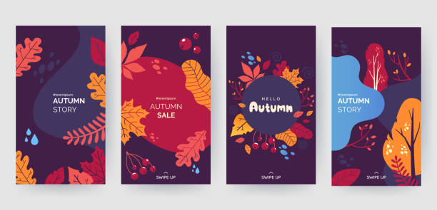 소셜 미디어 이야기에 대한 추상적 인 가을 배경의 집합입니다. 단풍과 노란 단풍이 있는 다채로운 현수막. 이벤트 초대, 할인 바우처, 광고에 사용합니다. 벡터 eps 10 - autumn stock illustrations
