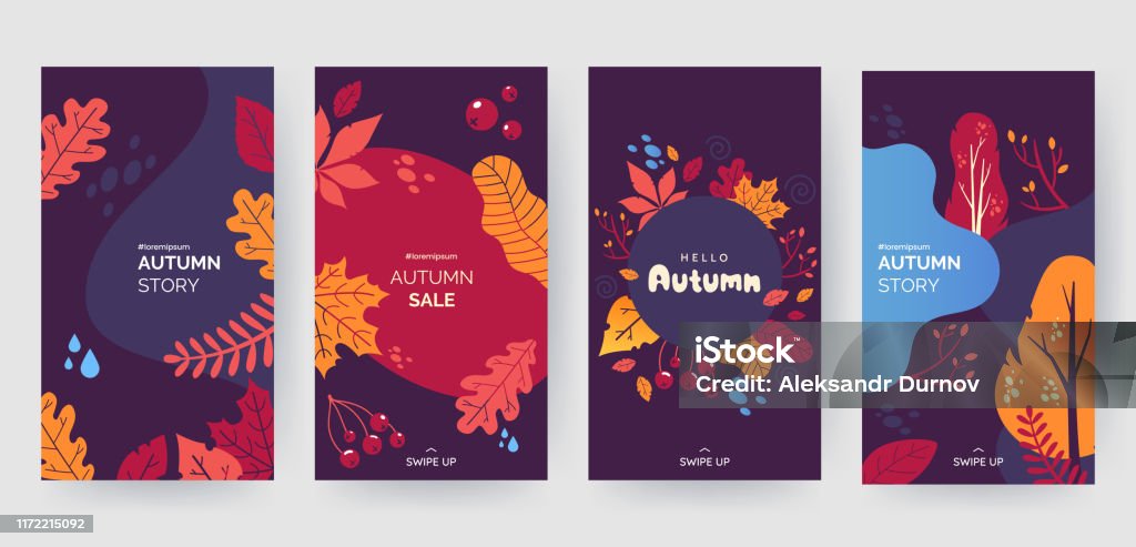 Set of abstract autumn backgrounds for social media stories. Colorful banners with autumn fallen leaves and yellowed foliage. Use for event invitation, discount voucher, advertising. Vector eps 10 Autumn stock vector