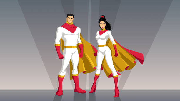 Superhero Couple Asian Male and female Asian superheroes posing in front of light. filipino ethnicity stock illustrations