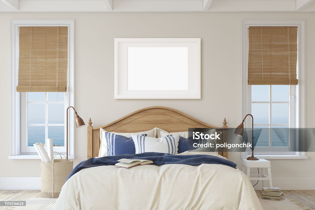 Bedroom in coastal style. 3d render. Bedroom in coastal style. Interior and frame mockup. 3d render. Bed - Furniture Stock Photo