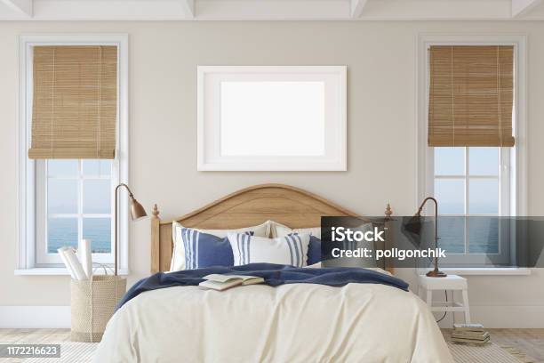 Bedroom In Coastal Style 3d Render Stock Photo - Download Image Now - Bed - Furniture, Bedroom, Blue