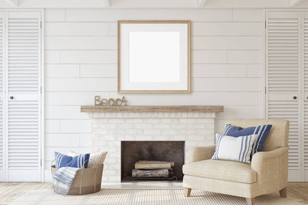 istock Interior with fireplace in coastal style. 3d render. 1172216646