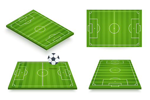 Soccer field vector illustration. Football field set in various angle views. 3d icon isolated on white. Element for your design.