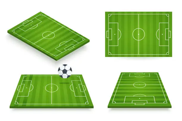 Vector illustration of Soccer field vector illustration. Football field set in various angle views. 3d icon isolated on white. Element for your design.