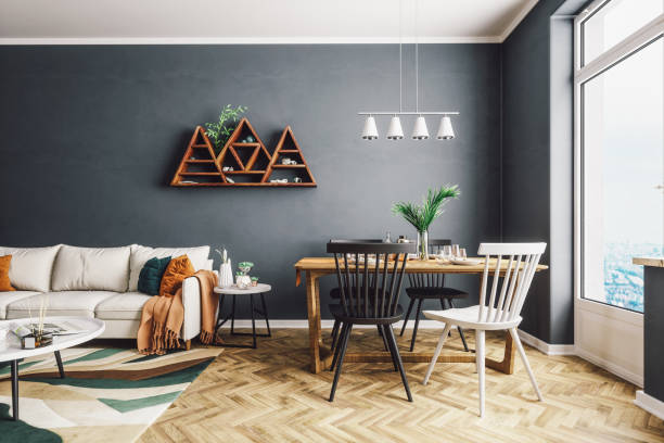 skandinavischer stil wohn- und esszimmer - teppichboden couch stock-fotos und bilder