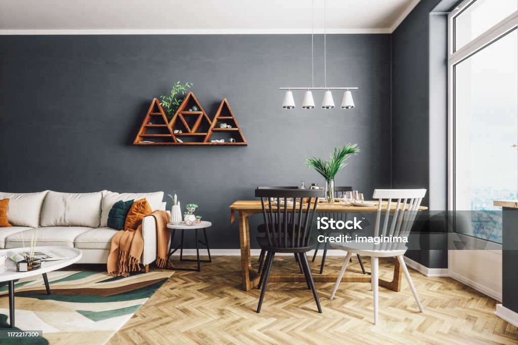 Scandinavian Style Living And Dining Room Scandinavian style living and dining room. Living Room Stock Photo