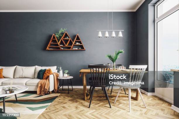 Scandinavian Style Living And Dining Room Stock Photo - Download Image Now - Living Room, Apartment, Modern