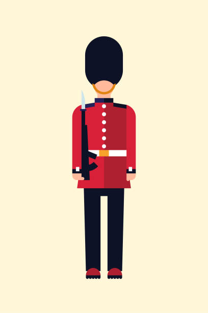 ilustrações de stock, clip art, desenhos animados e ícones de london queen's guard vector flat illustration of a british soldier in uniform with a gun. guid icon isolated on light background. - london england