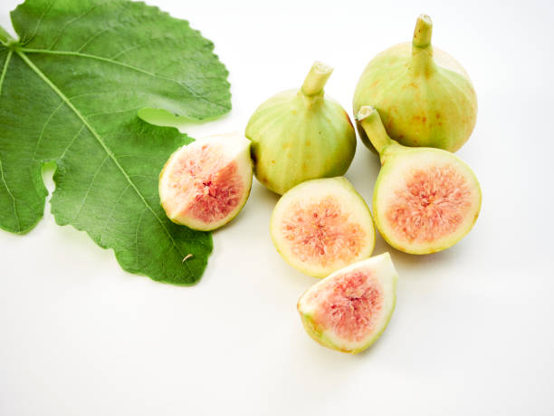 istock Many fresh green figs with leaves on white background 1172218208