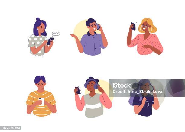 Люди Со Смартфонами — стоковая векторная графика и другие изображения на тему Люди - Люди, Телефон, Мобильный телефон