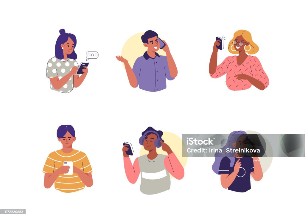 people with smartphones Young People use Smartphones, Chatting, making Selfie and listening Music. Happy Boys and Girls talking and typing on Phone. Female and Male Characters collection. Flat Cartoon Vector Illustration. People stock vector