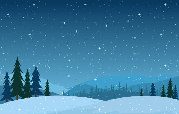 ilustrações, clipart, desenhos animados e ícones de paisagem da neve da cena do inverno com ilustração do vetor da montanha das árvores de pinho - wintry landscape