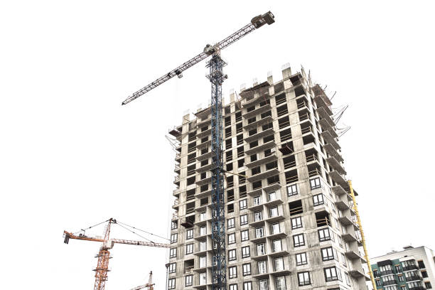 istock Construction site, building a new house, cranes, white sky background 1172228705