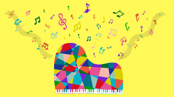 ilustraciones, imágenes clip art, dibujos animados e iconos de stock de el colorido piano de cola con algunas notas - pianist grand piano piano playing