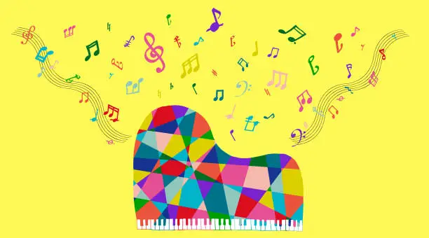 Vector illustration of the colorful grand piano with some notes