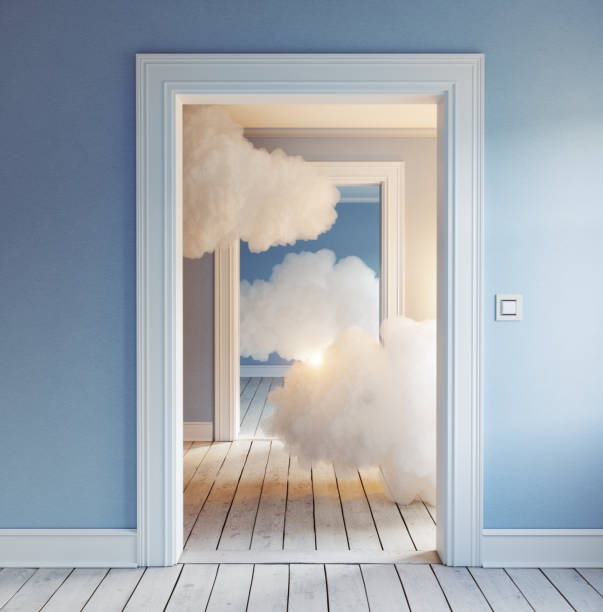 clouds in the room. clouds in the room. 3d creative concept rendering surreal stock pictures, royalty-free photos & images