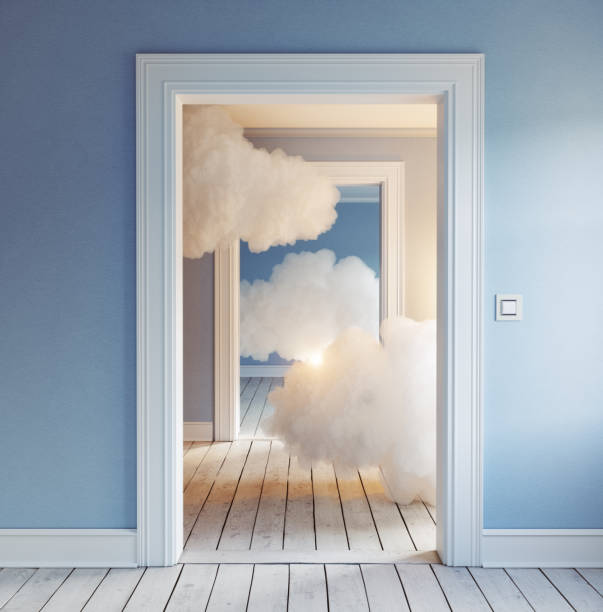 clouds in the room. clouds in the room. 3d creative concept rendering surrealism stock pictures, royalty-free photos & images