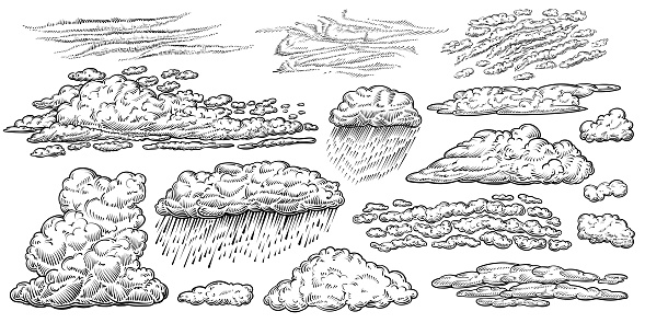 Clouds vector hand drawn set. Different types of cloud drawings: cumulus, rain, cirrus, stratus clouds and other. Weather line sketches in vintage style.
