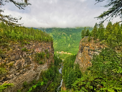 Spahats Creek Canyon is located within Wells Gray Provincial Park, British Columbia, Canada, and offers stunning views of Spahats Falls as well as Clearwater River Valley.