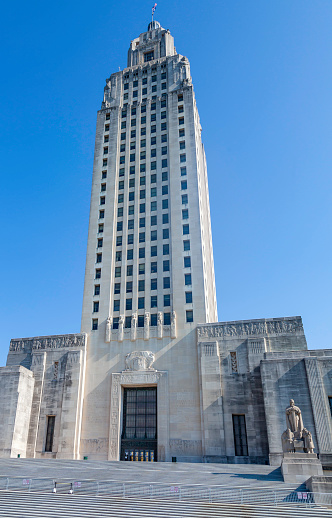 Thirty Four Story circa 1935 Louisiana State Capitol Building at 900 North Third Street in Baton Rouge, LA was built in 1935.  It is the tallest capital building in the US - having 34 floors (over 450 feet) - and is the site of the assignation, burial and memorial statue of Gov. Huey P. Long.