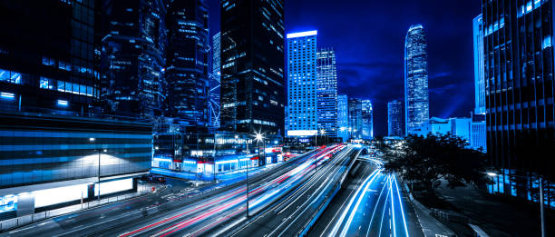 distrito central de hong kong por la noche - hong kong asia skyline night fotografías e imágenes de stock