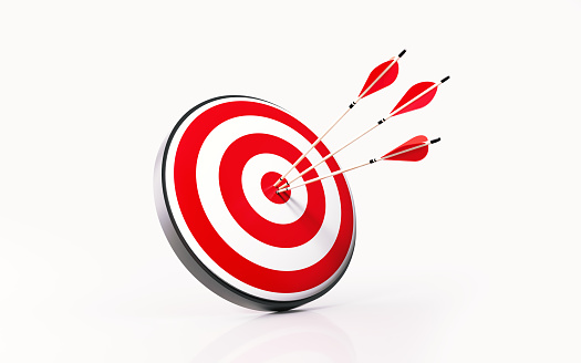 Red dartboard and arrows on white background. Horizontal composition with copy space. Success concept.