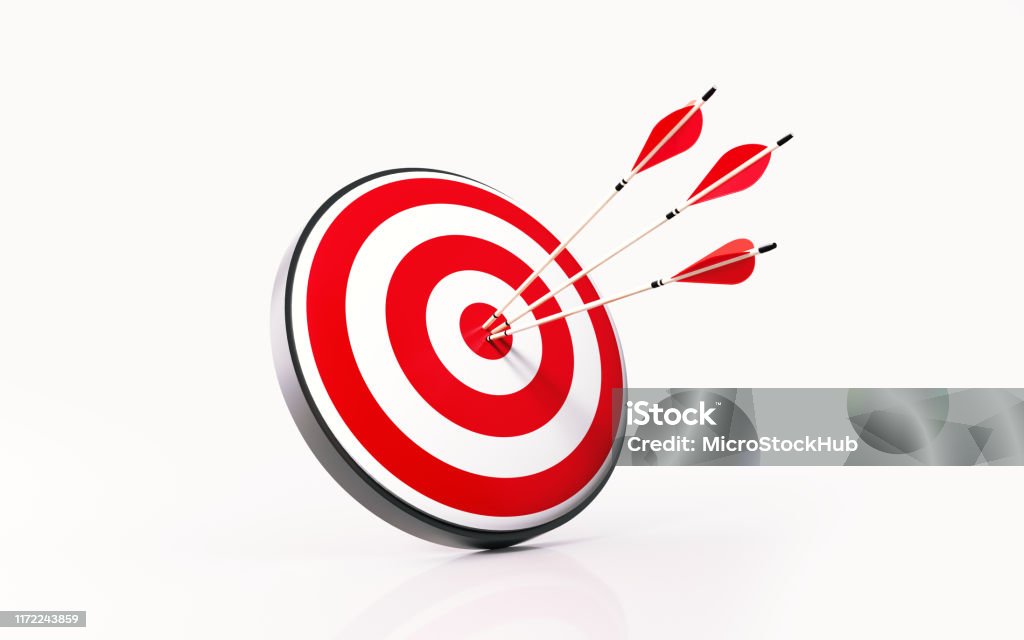 Red Dartboard and Arrows on White Background Red dartboard and arrows on white background. Horizontal composition with copy space. Success concept. Sports Target Stock Photo