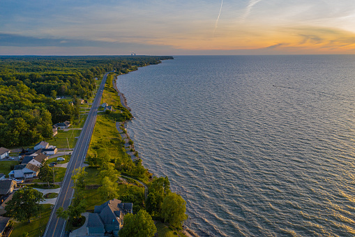 Aerial view of Lake Erie Coastline. Nice weather and clear skys. Great day for swimming and other outdoor activities.