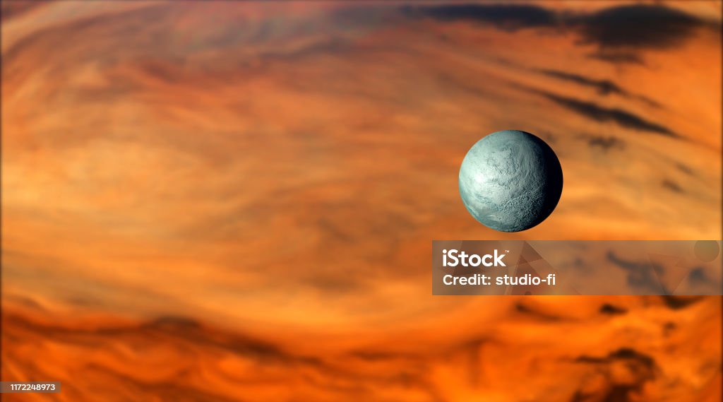 Moon orbiting a gas giant Small moon orbiting a gas giant with storms and clouds Cloud - Sky Stock Photo