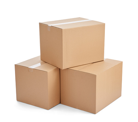 collection of  various stacks of cardboard boxes on white background