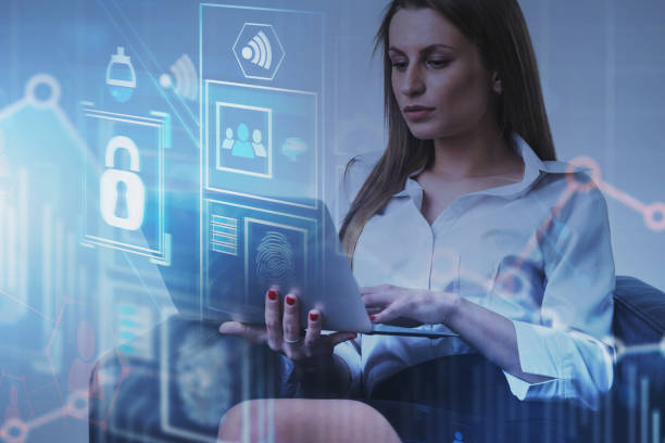 istock Woman with laptop, business interface 1172249763