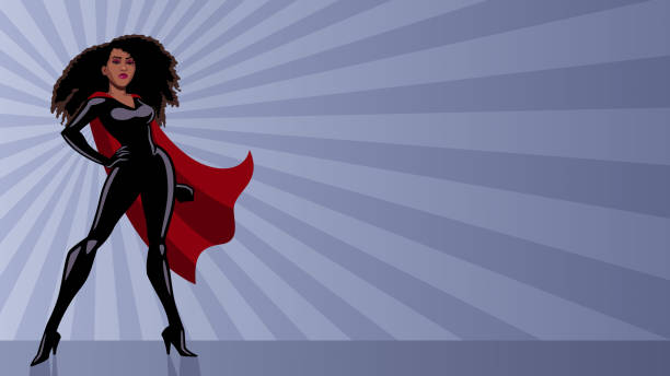 Superheroine Black Ray Light Full length illustration of determined and powerful black superheroine wearing red cape while standing tall against abstract ray light background. superhero drawings stock illustrations