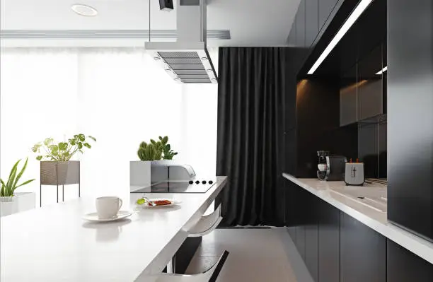 Photo of modern kitchen black&white interior.
