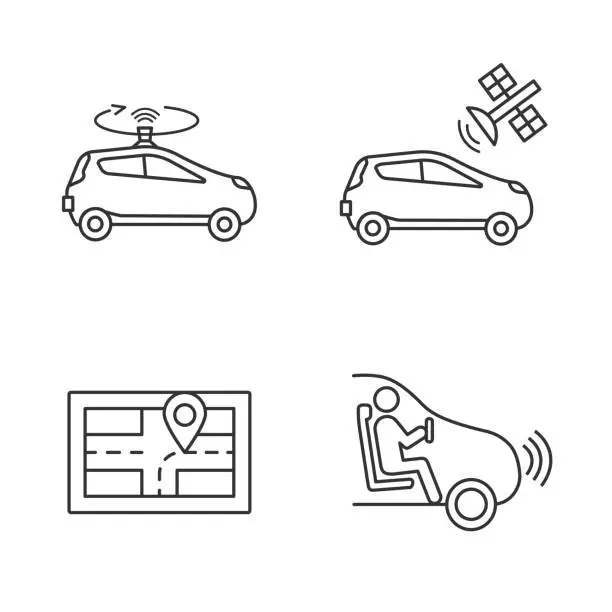 Vector illustration of Autonomous car linear icons set