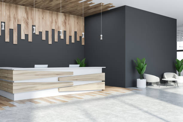 istock Gray reception desk and office lounge 1172251959