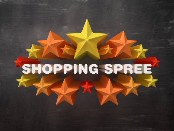 istock Colorful Stars with SHOPPING SPREE Phrase on Chalkboard Background - 3D Rendering 1172252441