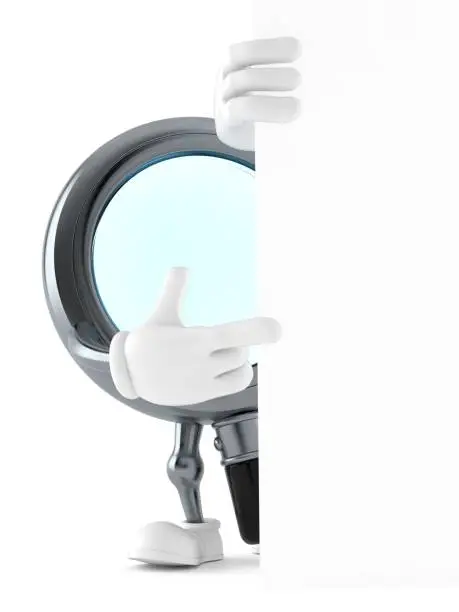 Photo of Magnifying glass character behind white wall