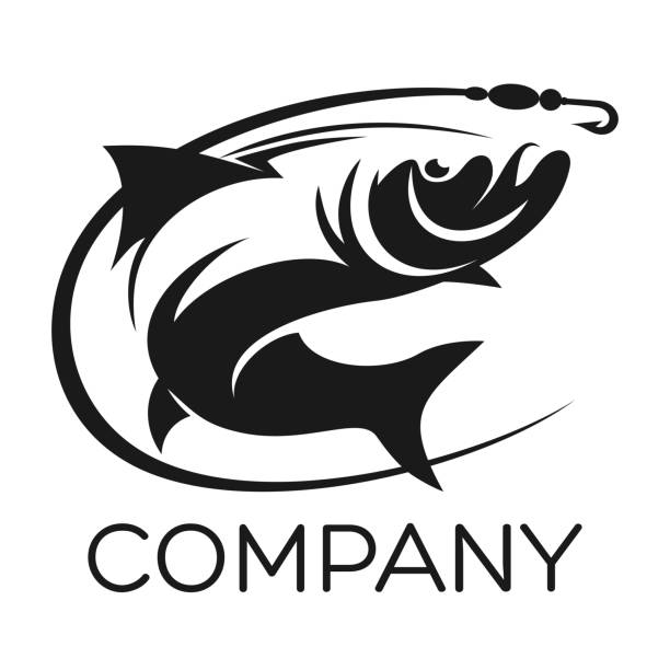 ilustraciones, imágenes clip art, dibujos animados e iconos de stock de logotipo de salmón de pescado - anzuelo de pesca