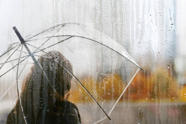 雨の滴と濡れた窓を通して透明な傘を持つ女性のシルエット。秋 - umbrella women storm yellow ストックフォトと画像