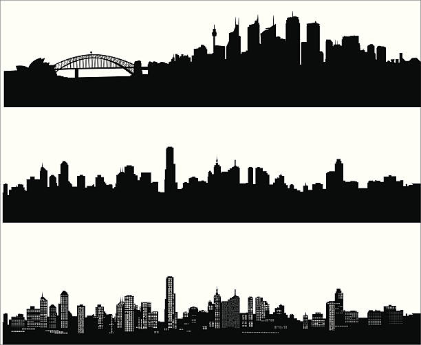 City skylines Sydney, melbourne and melbourne at night cityscape silhouettes stock illustrations