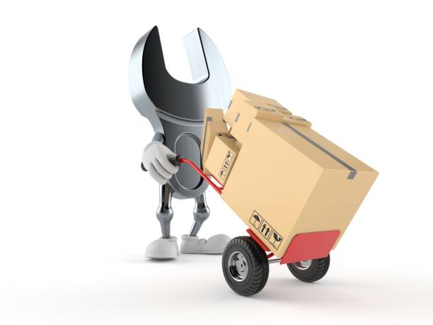 istock Wrench character with hand truck 1172261733