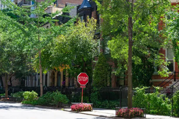 Photo of Tree lined Sidewalk with a Stop Sign in front of Old Homes in the Gold Coast Neighborhood of Chicago