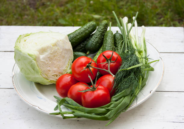 istock Fresh tasty vegetables from the garden lie on a plate on a white table. Cabbage, cucumbers, tomatoes, onions, dill 1172265176