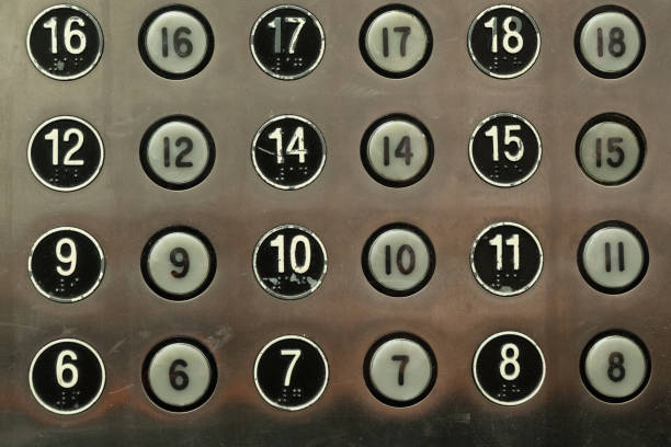 Elevator Buttons From Floors 6 to 18 A shot from inside a freight elevator shows the floor buttons from 8 through 16. The buttons look worn down and old from constant use. 13 storey stock pictures, royalty-free photos & images