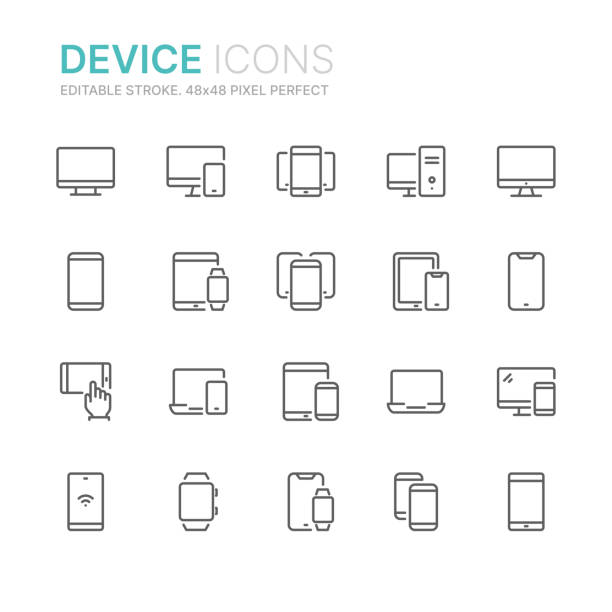 ilustrações de stock, clip art, desenhos animados e ícones de collection of device related line icons. 48x48 pixel perfect. editable stroke - digital tablet note pad computer monitor laptop