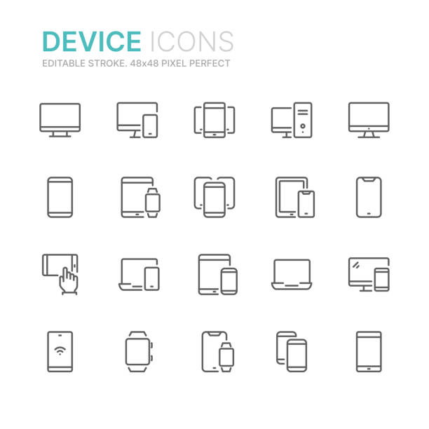 Collection of device related line icons. 48x48 Pixel Perfect. Editable stroke Collection of device related line icons. 48x48 Pixel Perfect. Editable stroke desktop pc stock illustrations