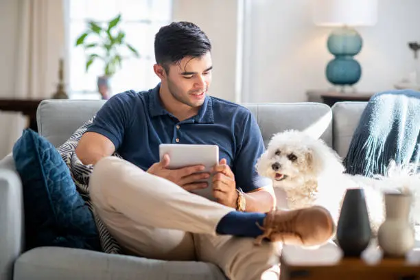 A young hispanic home owner wearing a polo shirt and kakis sits with his dog on the couch in the living room. He pets his dog while reading from his tablet.