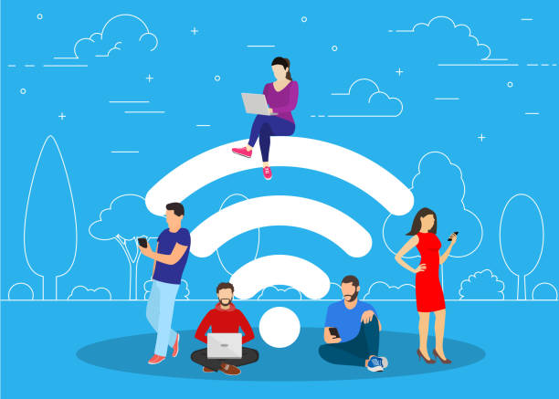 stockillustraties, clipart, cartoons en iconen met mensen in de gratis internet zone werken - draadloze technologie