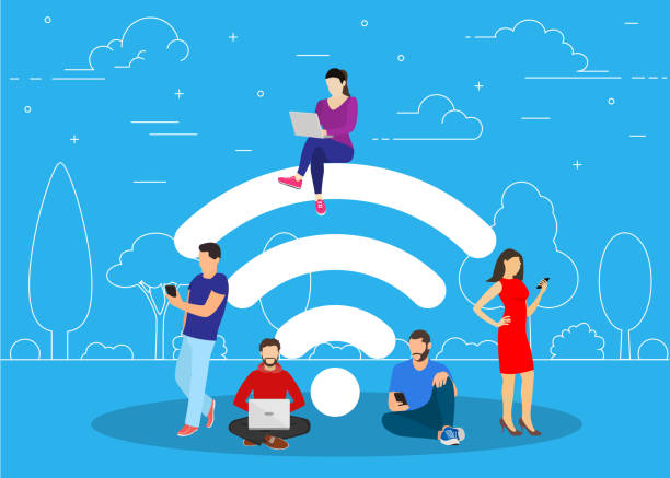 People in free internet zone working People in free internet zone using mobile gadgets, tablet pc and smartphone. big wifi sign. Free wifi hotspot, wifi bar, public assess zone, portable device concept. Vector illustration in flat style wireless technology stock illustrations